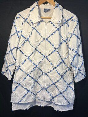 Samuel Dong Quilted Art Jacket | Abstract Blue Pattern | Size L